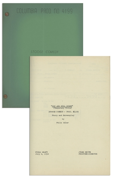 Moe Howards 24pp. Script Dated July 1952 for The Three Stooges Film Tricky Dicks -- With Annotations & Signature by Moe & Additional 13pp. Script Changes, Call Sheets & Shot Lists -- Very Good